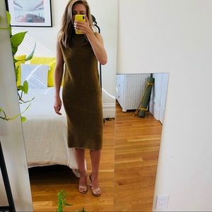 Camel sleeveless mock-neck midi sweater dress